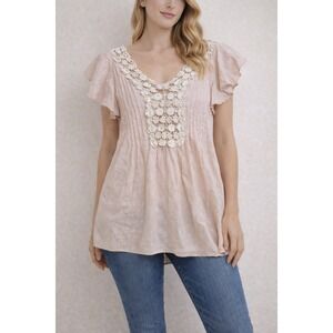 Love Stitch Pink Crochet Lace Pintuck Flutter Sleeve Boho Blouse Medium